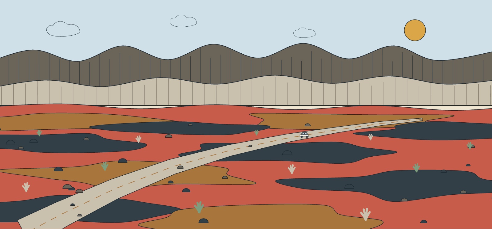 La Plaine des Sables, plateau de scories rouges et noires traversé par la piste de la route forestière du Volcan, remparts au fond