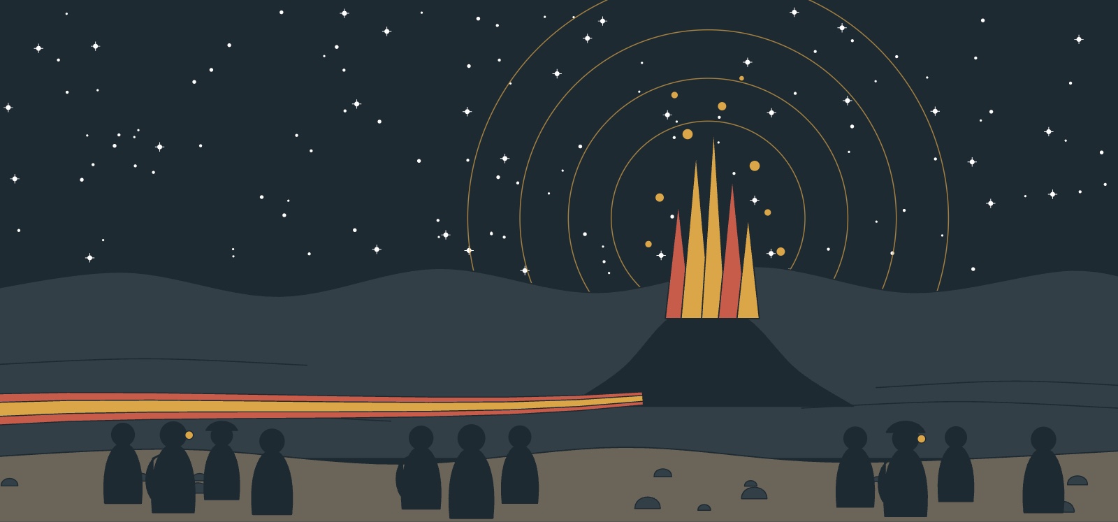 Une éruption du Piton de la Fournaise vue de nuit depuis un point de vue autorisé : fontaine de lave dans l'enclos et coulée orange