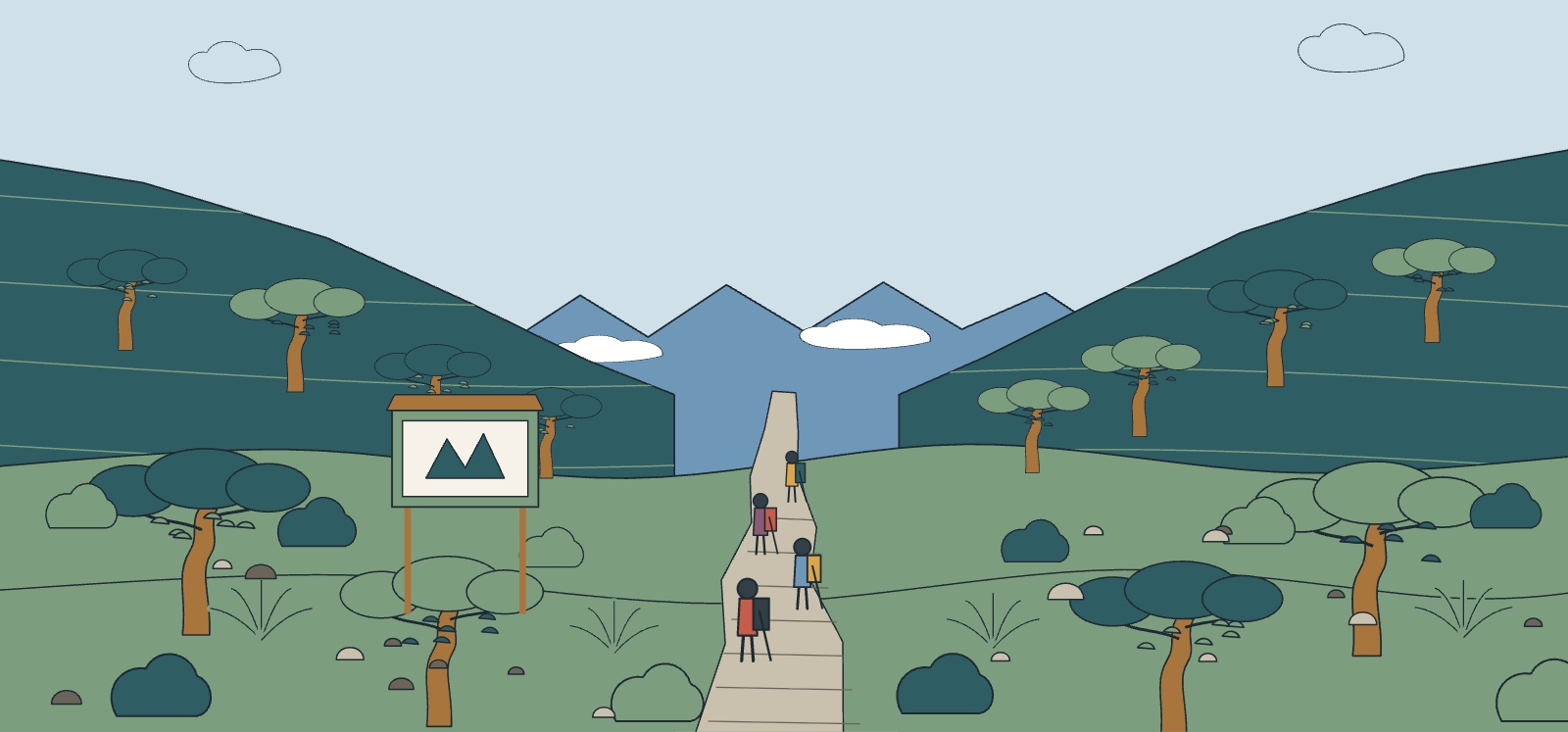 Illustration du col des Bœufs et de son sentier d'entrée dans Mafate, forêt de tamarins et randonneurs
