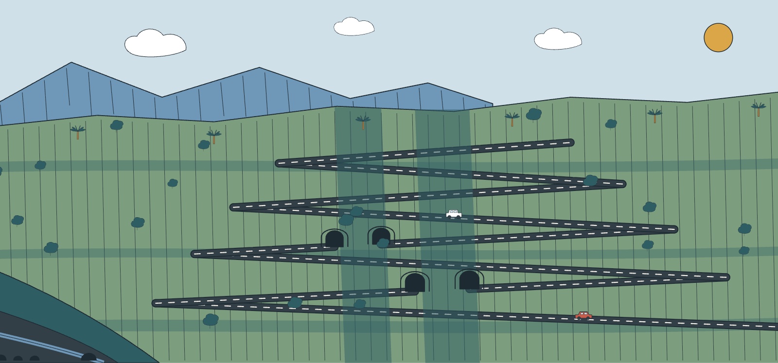 Illustration de la route aux 400 virages : lacets sur le rempart, tunnels taillés dans la roche, ravine en contrebas