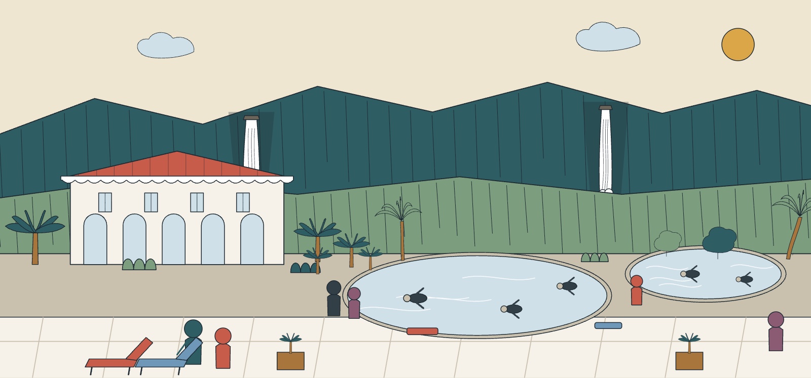 Illustration des thermes de Cilaos : bâtiment, bassins, baigneurs et végétation