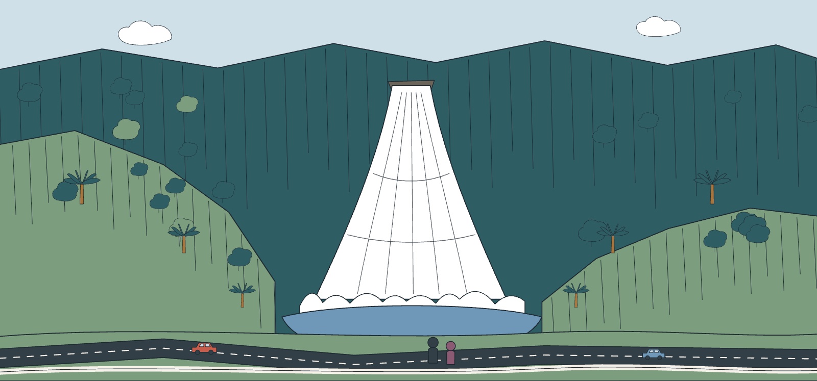 Illustration de la cascade du Voile de la Mariée : plusieurs chutes en éventail sur un rempart vert, route en contrebas