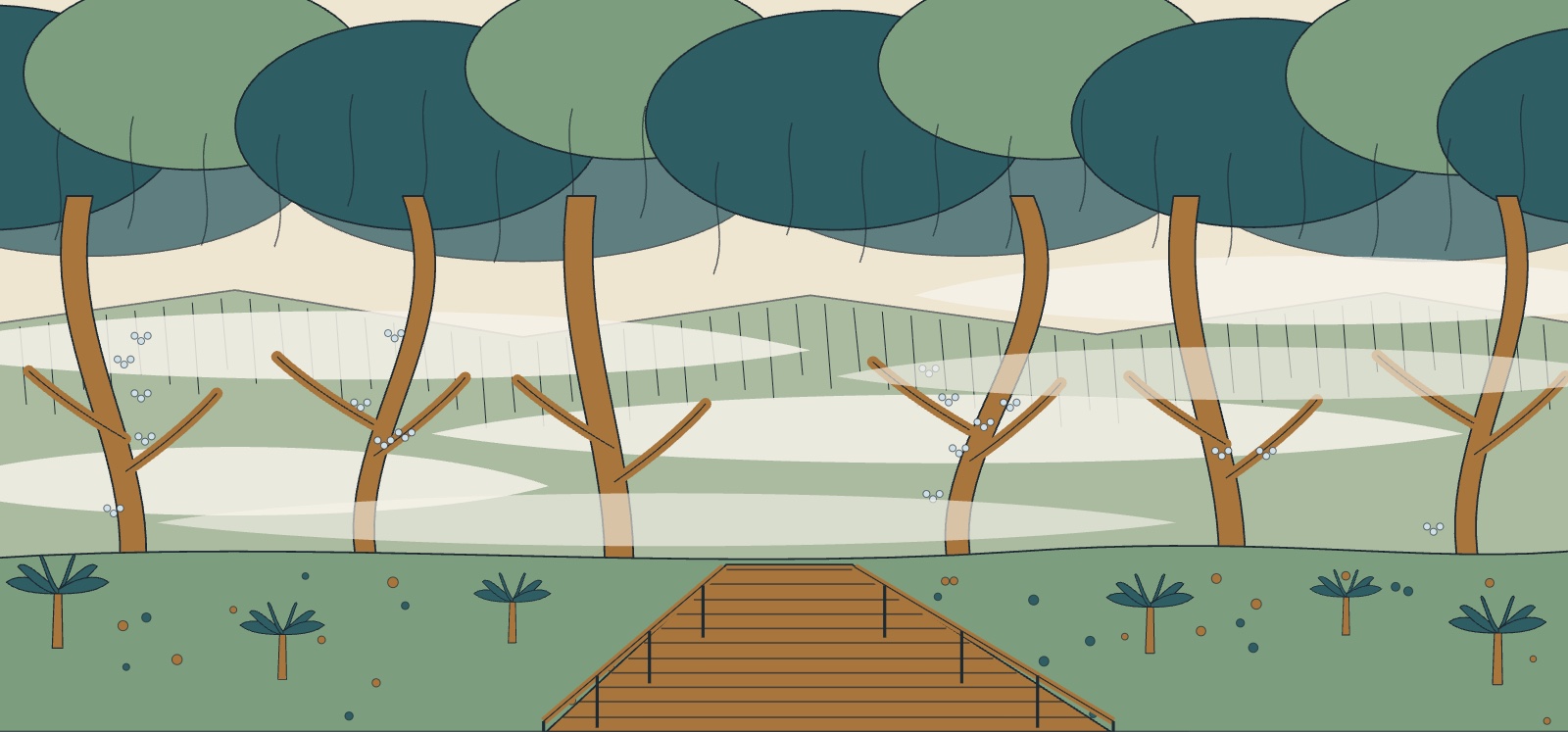 Illustration de la forêt de Bélouve : tamarins tordus couverts de mousse, sentier en caillebotis, brume