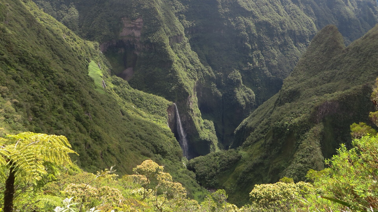 Le Trou de Fer vu depuis le point de vue, cascades tombant dans un précipice couvert de végétation