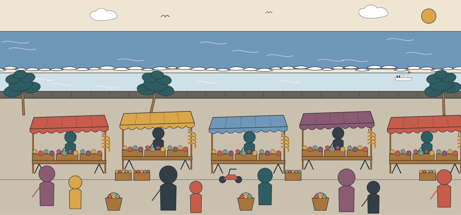 Illustration du marché forain de Saint-Leu sur le front de mer, étals de fruits sous les filaos