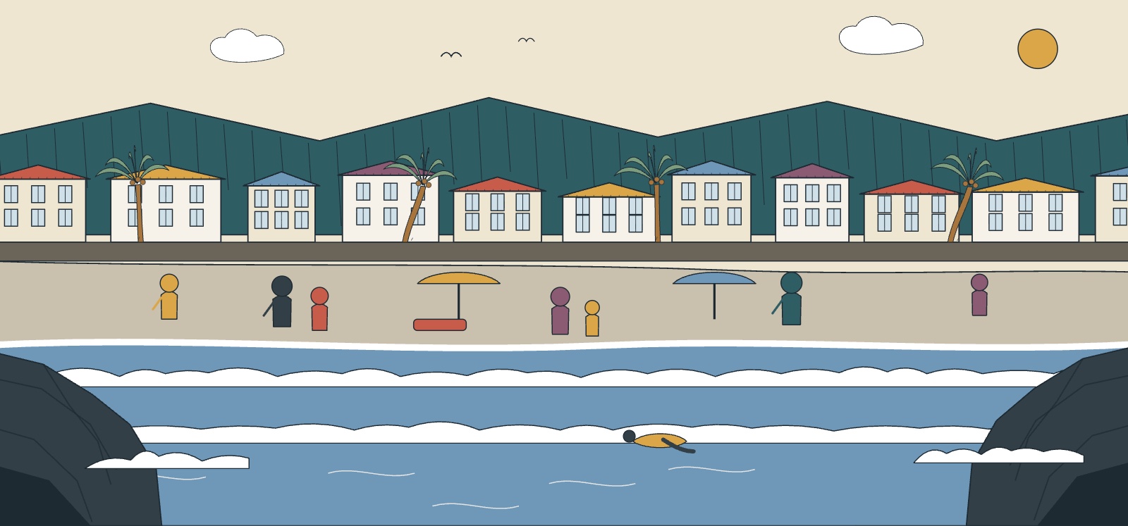 Illustration de la plage de Boucan Canot encadrée de rochers noirs, avec la houle et des promeneurs