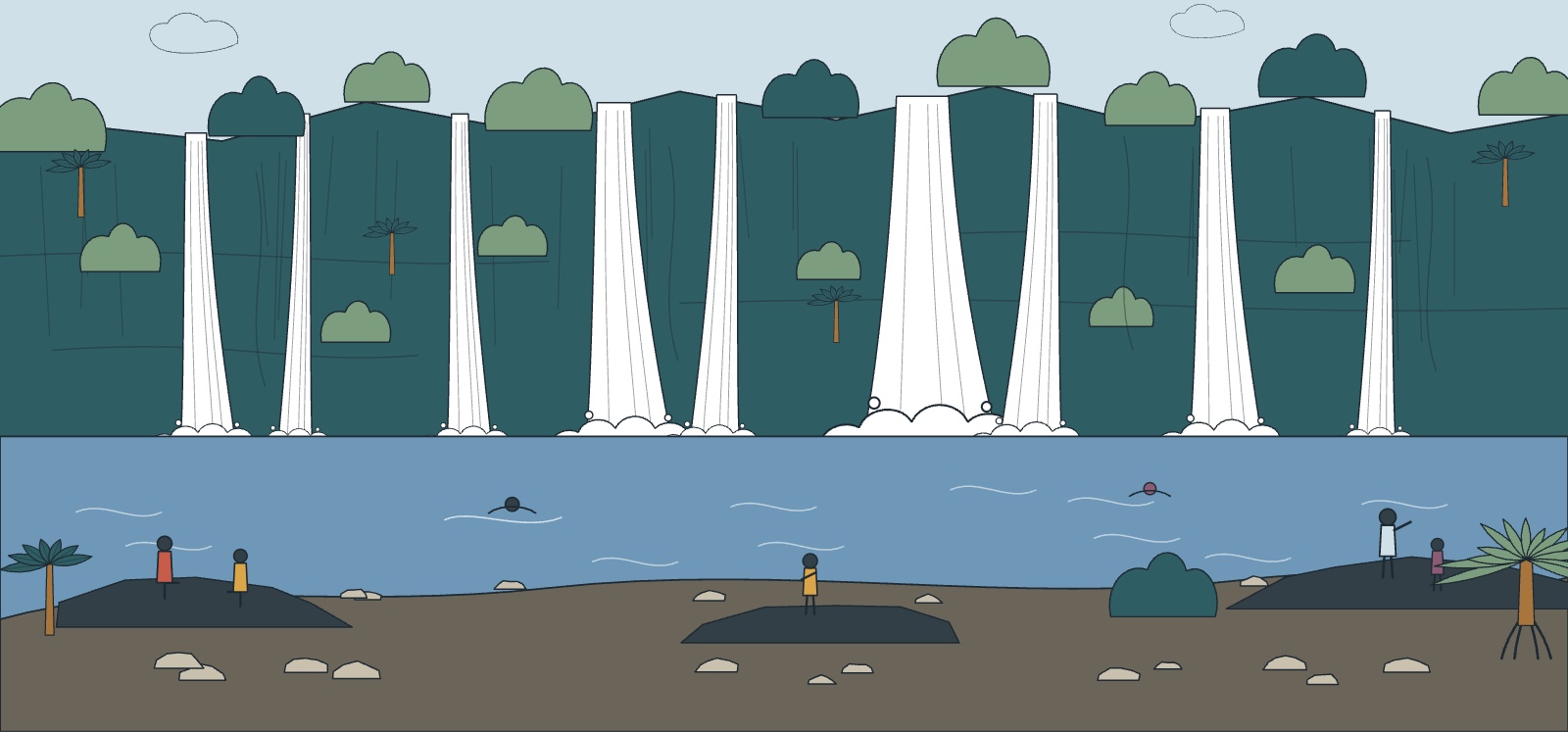 Illustration de la cascade de Langevin à Grand Galet : chutes multiples dans la végétation et bassin