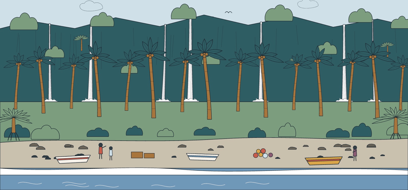 Illustration de l'Anse des Cascades : cocoteraie dense, filets d'eau tombant de la falaise, barques de pêche sur les galets