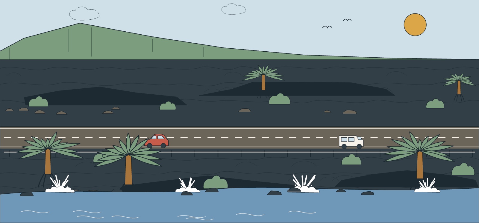 Illustration de la route du littoral sud sur la lave : coulée noire figée, route étroite, océan et vacoas