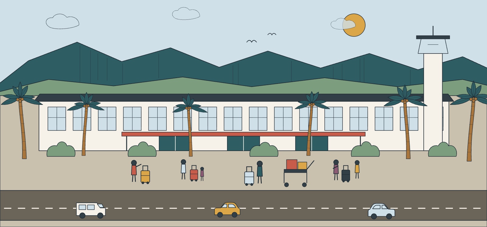 Illustration de l'aéroport de La Réunion Roland-Garros à l'arrivée, palmiers et montagnes derrière le bâtiment