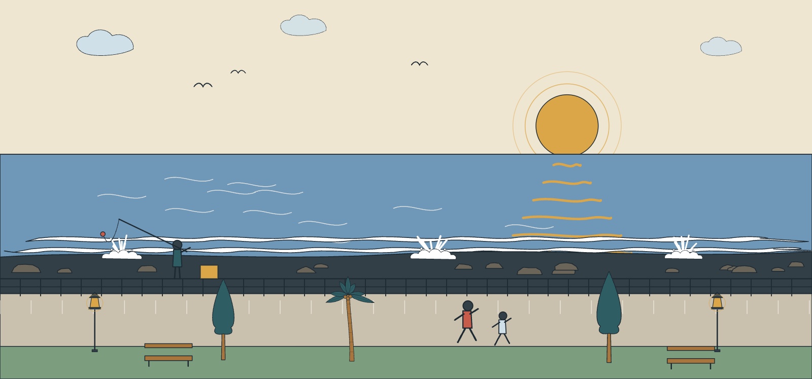 Illustration du lever du soleil sur la côte est de La Réunion, un coureur et un pêcheur sur le front de mer