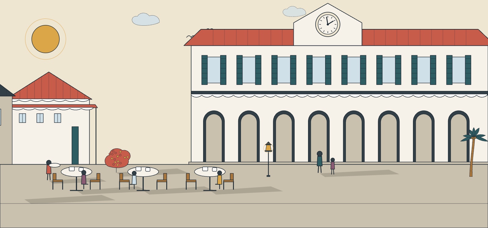 Illustration d'une terrasse de café à Saint-Denis en fin d'après-midi, horloge d'un bâtiment colonial et ombres longues