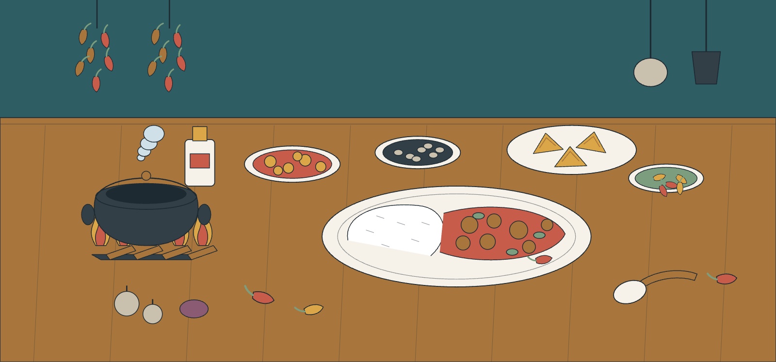 Illustration d'une table créole : marmite sur le feu de bois, cari et riz, rougail, grains, samoussas et piments