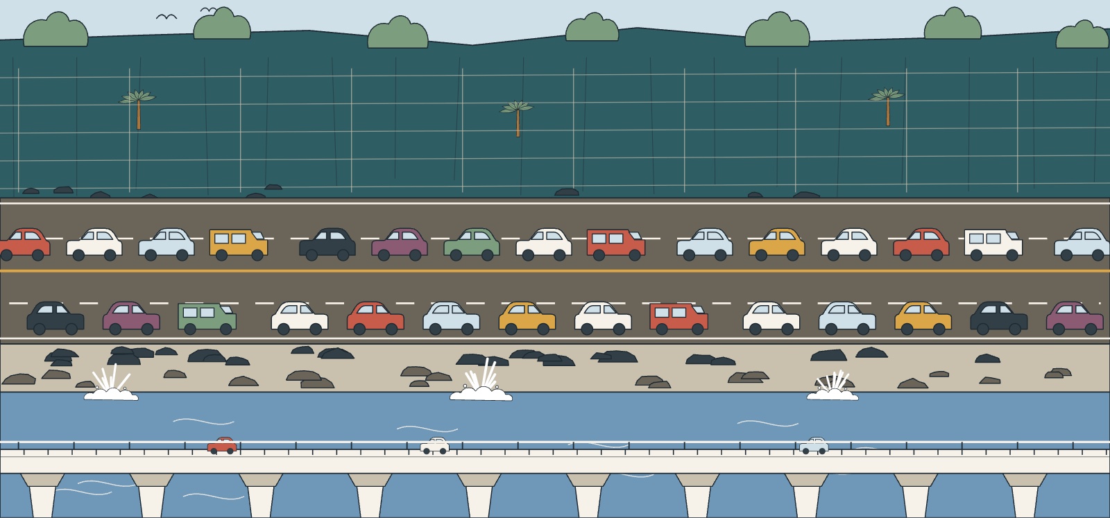 Illustration d'un embouteillage de voitures sur la route du littoral de La Réunion, entre la falaise et la digue, avec le viaduc au large