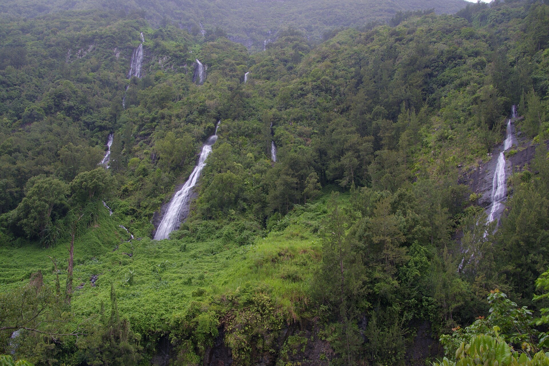 La cascade du Voile de la Mariée à Salazie, ses chutes multiples sur un rempart couvert de végétation